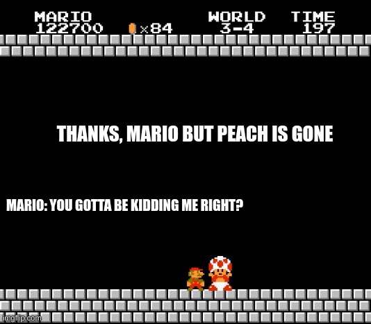 Thank You Mario | THANKS, MARIO BUT PEACH IS GONE; MARIO: YOU GOTTA BE KIDDING ME RIGHT? | image tagged in thank you mario | made w/ Imgflip meme maker