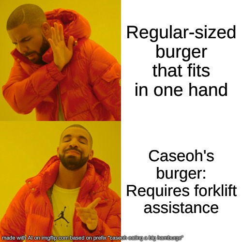 bro... caseoh | Regular-sized burger that fits in one hand; Caseoh's burger: Requires forklift assistance | image tagged in memes,drake hotline bling | made w/ Imgflip meme maker