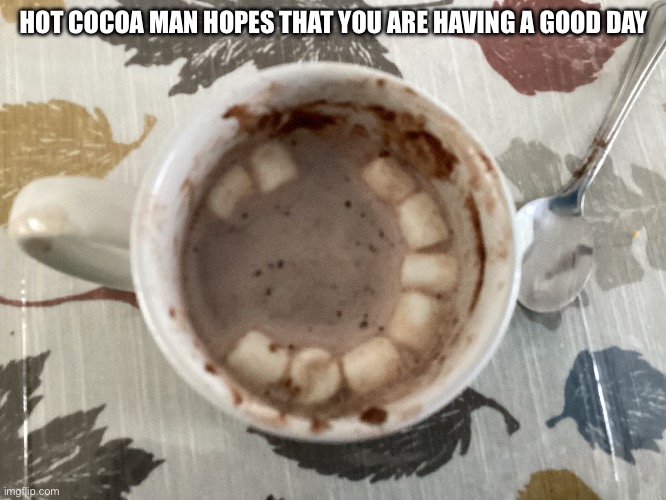 Idk how I accidentally did that. | HOT COCOA MAN HOPES THAT YOU ARE HAVING A GOOD DAY | image tagged in smile,hot chocolate,coincidence | made w/ Imgflip meme maker