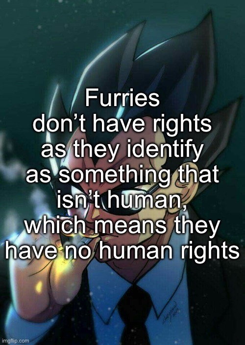 Think about it | Furries don’t have rights as they identify as something that isn’t human, which means they have no human rights | image tagged in vegeta smoking,msmg | made w/ Imgflip meme maker