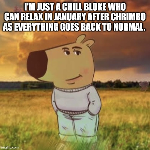 Chill guy | I'M JUST A CHILL BLOKE WHO CAN RELAX IN JANUARY AFTER CHRIMBO AS EVERYTHING GOES BACK TO NORMAL. | image tagged in chill guy | made w/ Imgflip meme maker