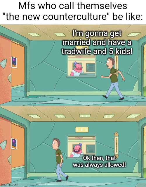 Go ahead and have tradwife and 5 kids, just don't call it "counterculture" | Mfs who call themselves "the new counterculture" be like:; I'm gonna get married and have a tradwife and 5 kids! Ok then, that was always allowed! | image tagged in okay then that was always allowed,conservatives,conservative logic,cringe,tradition | made w/ Imgflip meme maker