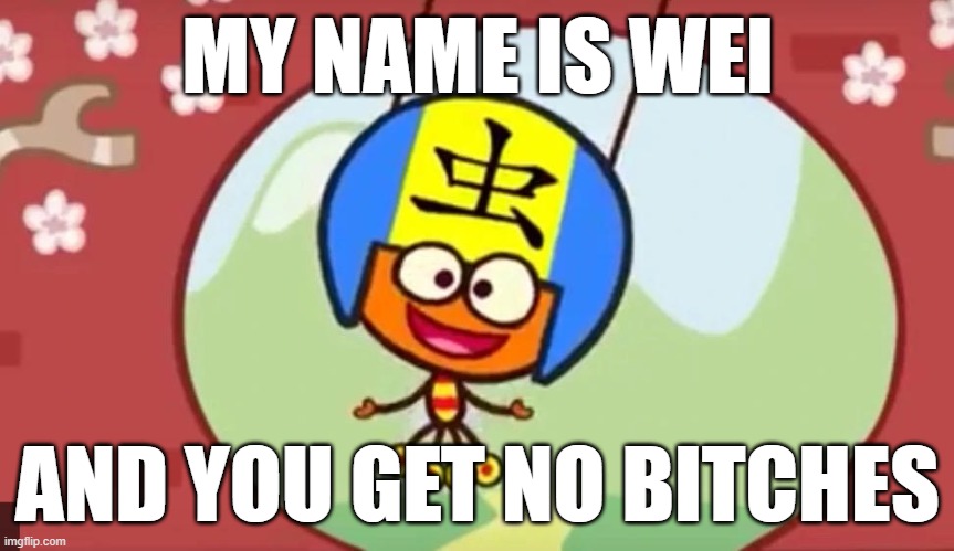 go die pleb | MY NAME IS WEI; AND YOU GET NO BITCHES | image tagged in the lingo show,wei | made w/ Imgflip meme maker