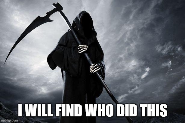 Grim Reaper , Memes, funny | I WILL FIND WHO DID THIS | image tagged in grim reaper memes funny | made w/ Imgflip meme maker