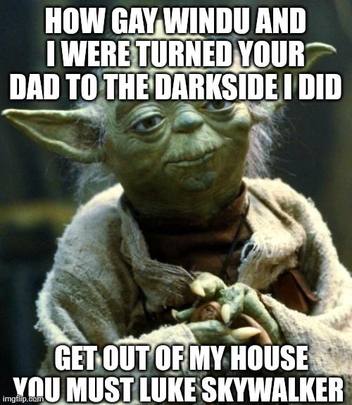 What Yoda | HOW GAY WINDU AND I WERE TURNED YOUR DAD TO THE DARKSIDE I DID; GET OUT OF MY HOUSE YOU MUST LUKE SKYWALKER | image tagged in memes,star wars yoda,what the fu- | made w/ Imgflip meme maker