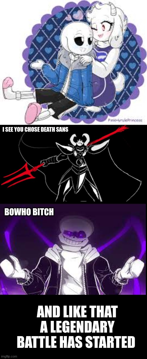 asgore did not like that | I SEE YOU CHOSE DEATH SANS; BOWHO BITCH; AND LIKE THAT A LEGENDARY BATTLE HAS STARTED | image tagged in undertale,ships | made w/ Imgflip meme maker