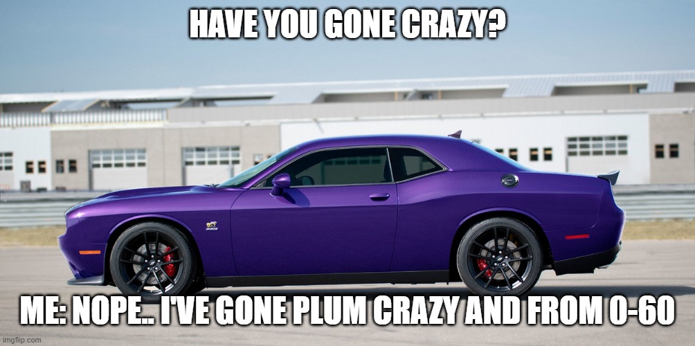 I'm crazy for Plum Crazy | HAVE YOU GONE CRAZY? ME: NOPE.. I'VE GONE PLUM CRAZY AND FROM 0-60 | image tagged in plum crazy challenger scat pack super bee | made w/ Imgflip meme maker