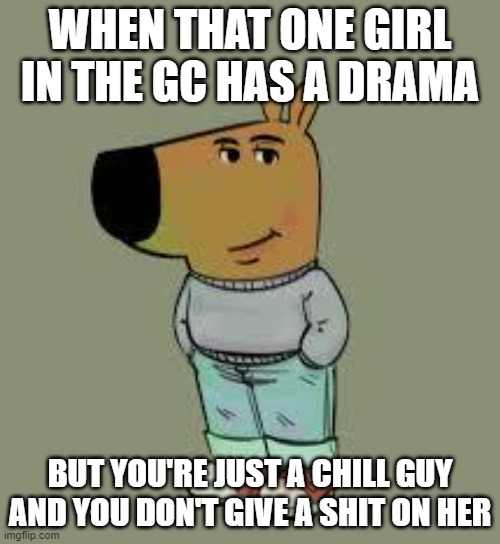 low key just a chill guy | WHEN THAT ONE GIRL IN THE GC HAS A DRAMA; BUT YOU'RE JUST A CHILL GUY AND YOU DON'T GIVE A SHIT ON HER | image tagged in low key just a chill guy,gc,drama,girl,group chats,funny memes | made w/ Imgflip meme maker