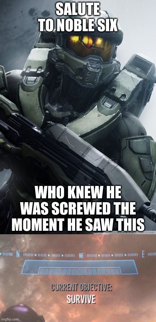 SALUTE TO NOBLE SIX; WHO KNEW HE WAS SCREWED THE MOMENT HE SAW THIS | image tagged in master chief,current objective survive,noble six,halo | made w/ Imgflip meme maker