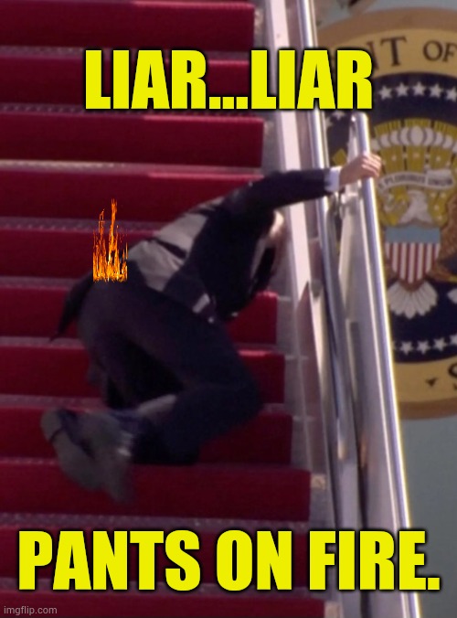 Joe Biden...I Think This About Sums It Up | LIAR...LIAR; PANTS ON FIRE. | image tagged in joe biden falling up the stairs,liar,pants,on,fire,memes | made w/ Imgflip meme maker