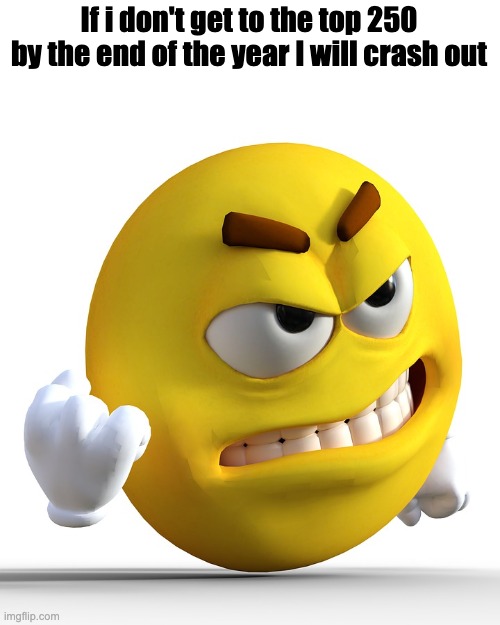 Angry yellow M&M | If i don't get to the top 250 by the end of the year I will crash out | image tagged in angry yellow m m | made w/ Imgflip meme maker