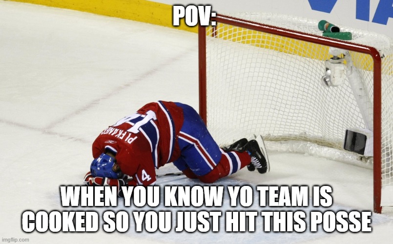 hockey goalie on face | POV:; WHEN YOU KNOW YO TEAM IS COOKED SO YOU JUST HIT THIS POSSE | image tagged in hockey goalie on face | made w/ Imgflip meme maker