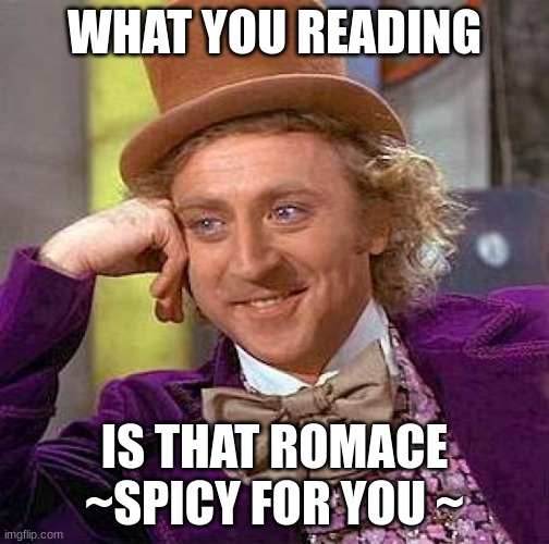 I read romace and yes sometimes there spicy but let be clear we all read it | WHAT YOU READING; IS THAT ROMACE ~SPICY FOR YOU ~ | image tagged in memes,creepy condescending wonka | made w/ Imgflip meme maker