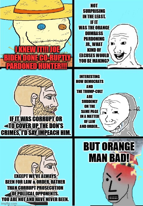 wojak strawman vs npc mask slip | NOT SURPRISING IN THE LEAST. IF IT WAS THE ORANGE DUMBASS PARDONING JR., WHAT KIND OF EXCUSES WOULD YOU BE MAKING? INTERESTING HOW DEMOCRATS AND THE TRUMP-CULT ARE SUDDENLY ON THE SAME PAGE IN A MATTER OF LAW AND ORDER... I KNEW IT!!! JOE BIDEN DONE CO-RUPTLY PARDONED HUNTER!!! IF IT WAS CORRUPT OR TO COVER UP THE DON'S CRIMES, I'D SAY IMPEACH HIM. BUT ORANGE MAN BAD! EXCEPT WE'VE ALWAYS BEEN FOR LAW & ORDER, RATHER THAN CORRUPT PROSECUTION OF POLLICAL OPPONENTS. YOU ARE NOT AND HAVE NEVER BEEN. | image tagged in wojak strawman vs npc mask slip | made w/ Imgflip meme maker