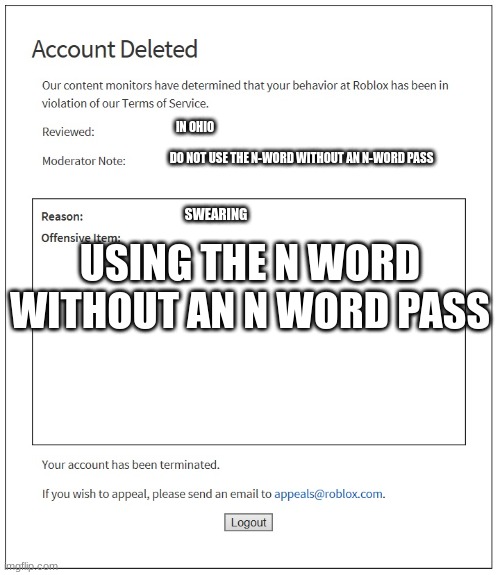 banned from ROBLOX | IN OHIO; DO NOT USE THE N-WORD WITHOUT AN N-WORD PASS; SWEARING; USING THE N WORD WITHOUT AN N WORD PASS | image tagged in banned from roblox | made w/ Imgflip meme maker
