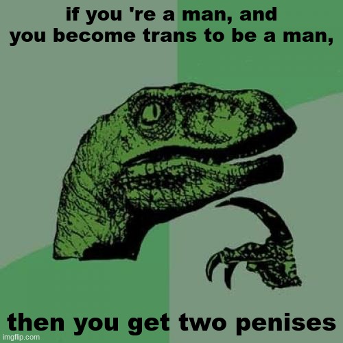 why so penis? | if you 're a man, and you become trans to be a man, then you get two penises | image tagged in memes,philosoraptor | made w/ Imgflip meme maker