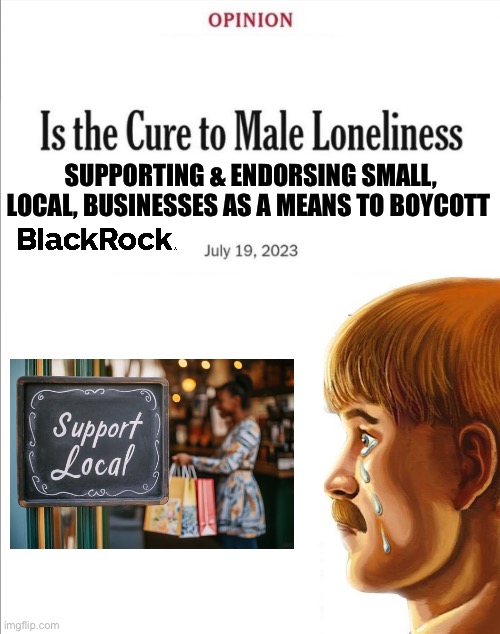 Is the cure to male loneliness image template | SUPPORTING & ENDORSING SMALL, LOCAL, BUSINESSES AS A MEANS TO BOYCOTT | image tagged in is the cure to male loneliness image template,memes,shitpost,funny memes,relatable memes,lol | made w/ Imgflip meme maker