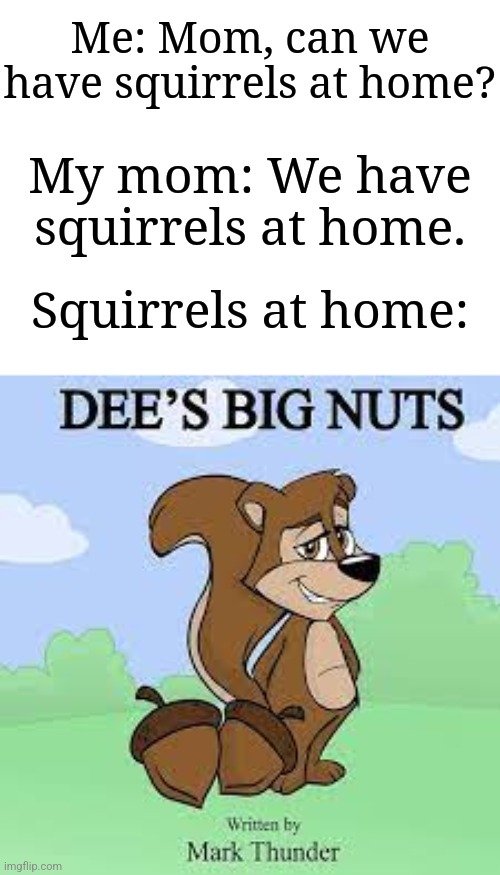 Wait, that's not right- | Me: Mom, can we have squirrels at home? My mom: We have squirrels at home. Squirrels at home: | image tagged in dee's big nuts,memes,funny,squirrel | made w/ Imgflip meme maker