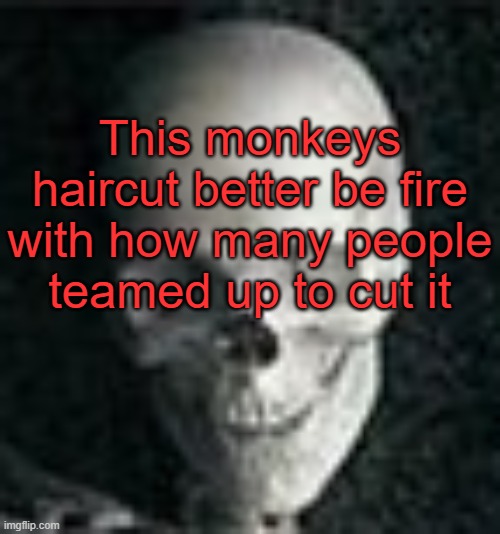 . | This monkeys haircut better be fire with how many people teamed up to cut it | image tagged in skull | made w/ Imgflip meme maker