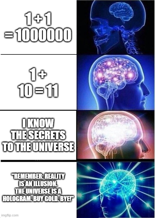 Expanding Brain | 1 + 1 = 1000000; 1 + 10 = 11; I KNOW THE SECRETS TO THE UNIVERSE; "REMEMBER: REALITY IS AN ILLUSION. THE UNIVERSE IS A HOLOGRAM. BUY GOLD. BYE!" | image tagged in memes,expanding brain | made w/ Imgflip meme maker