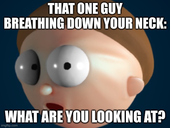 best comment will get a shoutout for the next meme i make | THAT ONE GUY BREATHING DOWN YOUR NECK:; WHAT ARE YOU LOOKING AT? | image tagged in hee hee,morty | made w/ Imgflip meme maker