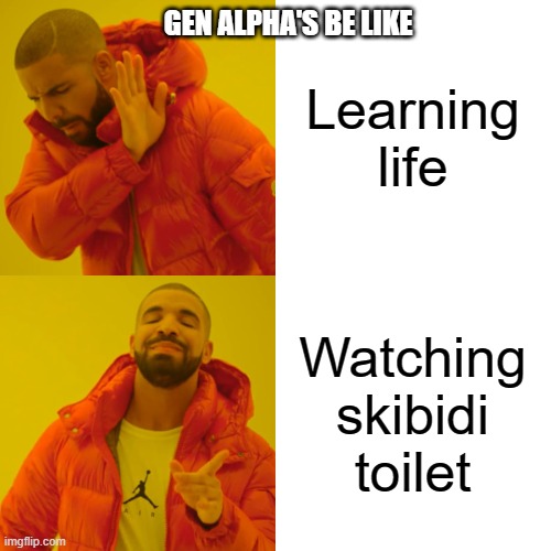 Learning life Watching skibidi toilet GEN ALPHA'S BE LIKE | image tagged in memes,drake hotline bling | made w/ Imgflip meme maker