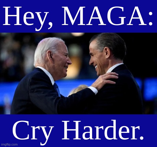 It's not like Trump didn't pardon - and appoint to Cabinet - a bunch of rapists and fraudsters, or anything... | Hey, MAGA:; Cry Harder. | image tagged in joe biden,hunter biden,joe biden pardons hunter,biden ftw,cry harder | made w/ Imgflip meme maker