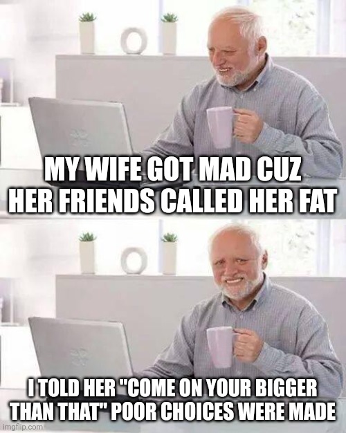 Help me | MY WIFE GOT MAD CUZ HER FRIENDS CALLED HER FAT; I TOLD HER "COME ON YOUR BIGGER THAN THAT" POOR CHOICES WERE MADE | image tagged in memes,hide the pain harold,angry wife,help me | made w/ Imgflip meme maker