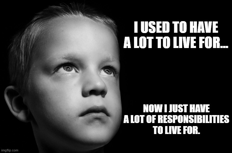 To live for | I USED TO HAVE A LOT TO LIVE FOR... NOW I JUST HAVE A LOT OF RESPONSIBILITIES TO LIVE FOR. | image tagged in parenting,sadness,truth | made w/ Imgflip meme maker