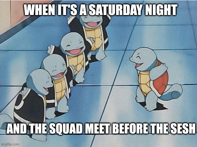 squirtle squad | WHEN IT'S A SATURDAY NIGHT; AND THE SQUAD MEET BEFORE THE SESH | image tagged in squirtle squad,memes | made w/ Imgflip meme maker