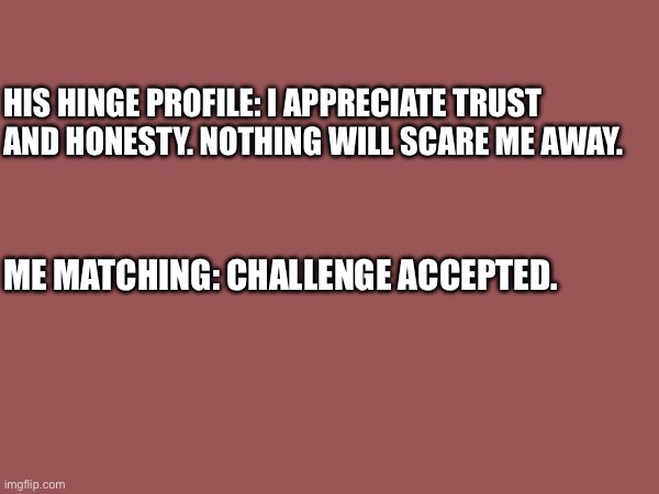 HIS HINGE PROFILE: I APPRECIATE TRUST AND HONESTY. NOTHING WILL SCARE ME AWAY. ME MATCHING: CHALLENGE ACCEPTED. | image tagged in online dating | made w/ Imgflip meme maker