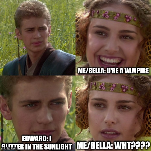 if I was in twilight | ME/BELLA: U'RE A VAMPIRE; EDWARD: I GLITTER IN THE SUNLIGHT; ME/BELLA: WHT???? | image tagged in anikin padme | made w/ Imgflip meme maker