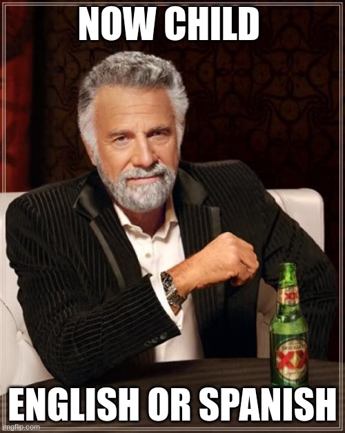 The Most Interesting Man In The World | NOW CHILD; ENGLISH OR SPANISH | image tagged in memes,the most interesting man in the world | made w/ Imgflip meme maker