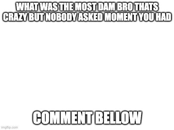 i do respectfully ask that you do this | WHAT WAS THE MOST DAM BRO THATS CRAZY BUT NOBODY ASKED MOMENT YOU HAD; COMMENT BELLOW | image tagged in blank white template | made w/ Imgflip meme maker