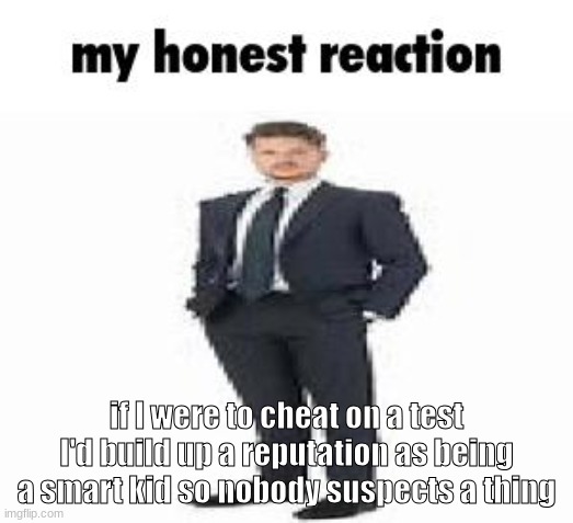 my honest reaction | if I were to cheat on a test I'd build up a reputation as being a smart kid so nobody suspects a thing | image tagged in my honest reaction | made w/ Imgflip meme maker