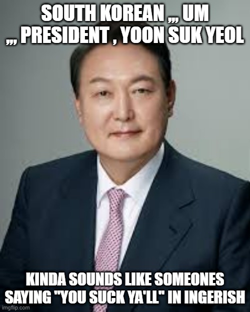 SOUTH KOREAN ,,, UM ,,, PRESIDENT , YOON SUK YEOL; KINDA SOUNDS LIKE SOMEONES SAYING "YOU SUCK YA'LL" IN INGERISH | made w/ Imgflip meme maker