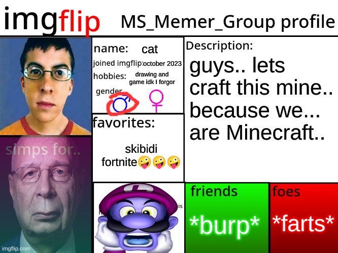 MSMG Profile | cat; guys.. lets craft this mine.. because we... are Minecraft.. october 2023; drawing and game idk I forgor; skibidi fortnite🤪🤪🤪; *farts*; *burp* | image tagged in msmg profile | made w/ Imgflip meme maker