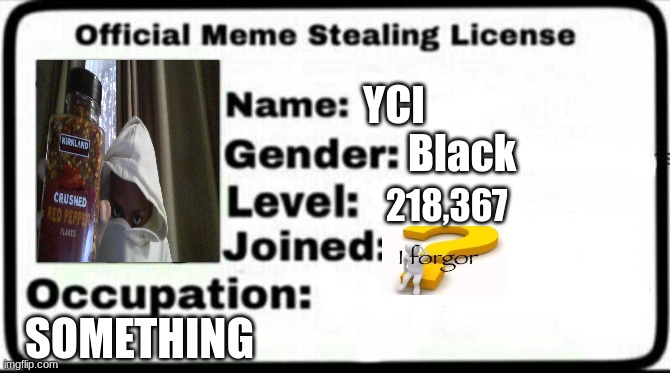 Meme Stealing License | YCI; Black; 218,367; SOMETHING | image tagged in meme stealing license | made w/ Imgflip meme maker