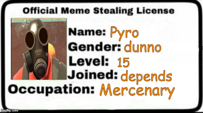 Meme Stealing License | Pyro; dunno; 15; depends; Mercenary | image tagged in meme stealing license | made w/ Imgflip meme maker