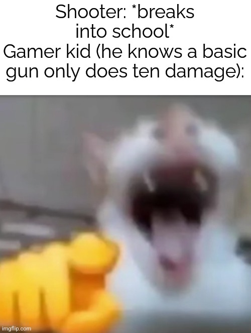 Low attack stat | Shooter: *breaks into school*
Gamer kid (he knows a basic gun only does ten damage): | image tagged in cat pointing and laughing,guns,gamers,kids,school shooting | made w/ Imgflip meme maker