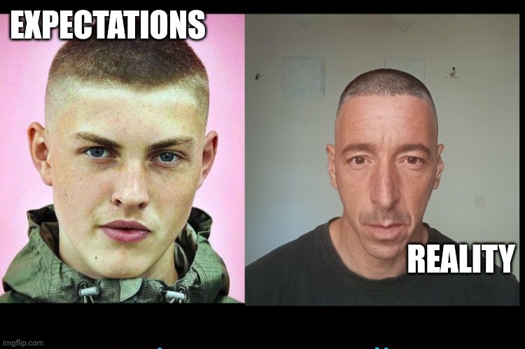 expectations vs reality | EXPECTATIONS; REALITY | image tagged in buzz cut | made w/ Imgflip meme maker