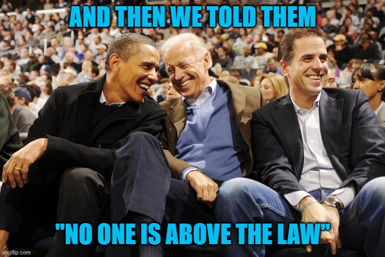 Two crack smokers and one dementia patient | AND THEN WE TOLD THEM; "NO ONE IS ABOVE THE LAW" | image tagged in hunter joe obama,barack,crack,i am above the law,closeted gay | made w/ Imgflip meme maker