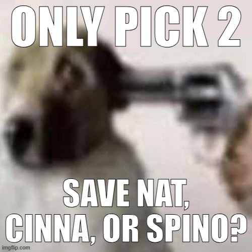 dog gunpoint | ONLY PICK 2; SAVE NAT, CINNA, OR SPINO? | image tagged in dog gunpoint | made w/ Imgflip meme maker