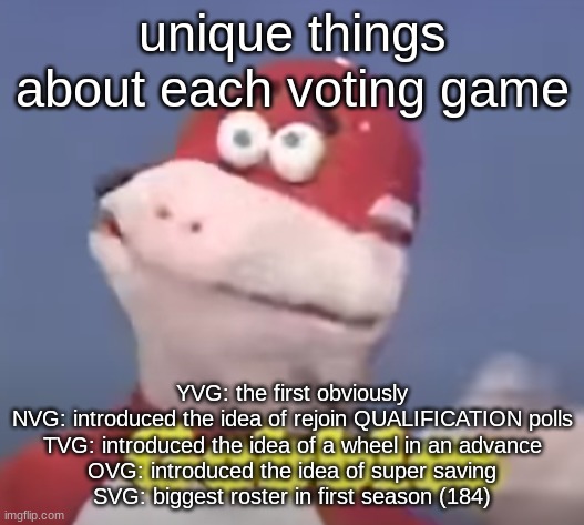 gobbles | unique things about each voting game; YVG: the first obviously
NVG: introduced the idea of rejoin QUALIFICATION polls
TVG: introduced the idea of a wheel in an advance
OVG: introduced the idea of super saving
SVG: biggest roster in first season (184) | image tagged in gobbles | made w/ Imgflip meme maker