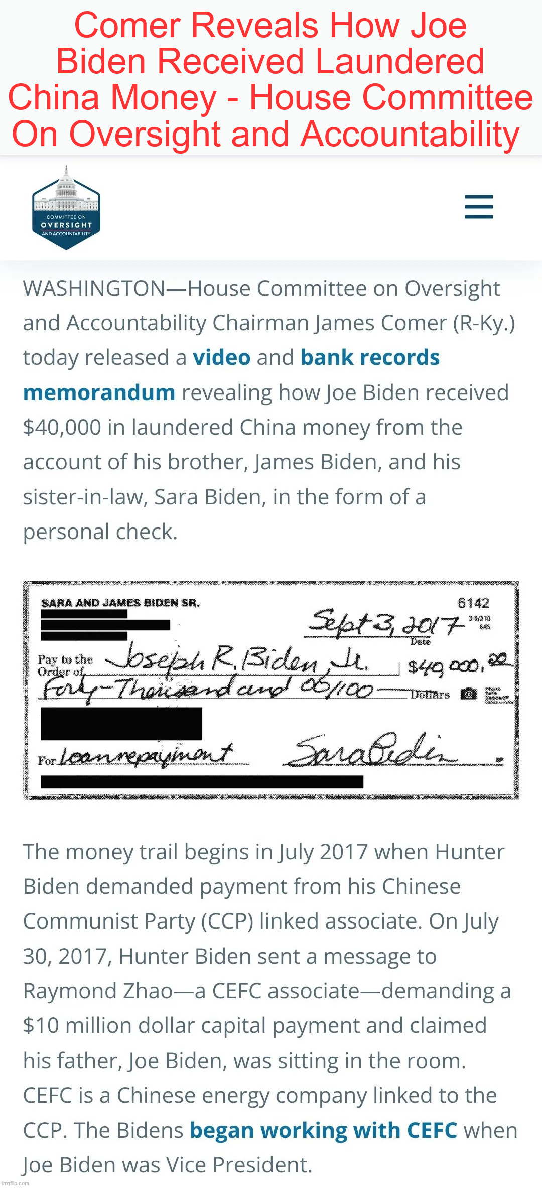 Comer Reveals How Joe Biden Received Laundered China Money - House Committee On Oversight and Accountability | made w/ Imgflip meme maker