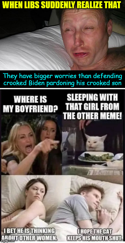 Another rude awakening | WHEN LIBS SUDDENLY REALIZE THAT; They have bigger worries than defending crooked Biden pardoning his crooked son | image tagged in libs,getting a lot of rude awakenings | made w/ Imgflip meme maker