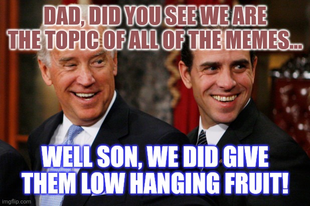 Low fruit...no originalty..lets all sing the same song in rounds!!! (Just an observation | DAD, DID YOU SEE WE ARE THE TOPIC OF ALL OF THE MEMES... WELL SON, WE DID GIVE THEM LOW HANGING FRUIT! | image tagged in hunter biden crack head | made w/ Imgflip meme maker