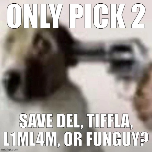 dog gunpoint | ONLY PICK 2; SAVE DEL, TIFFLA, L1ML4M, OR FUNGUY? | image tagged in dog gunpoint | made w/ Imgflip meme maker