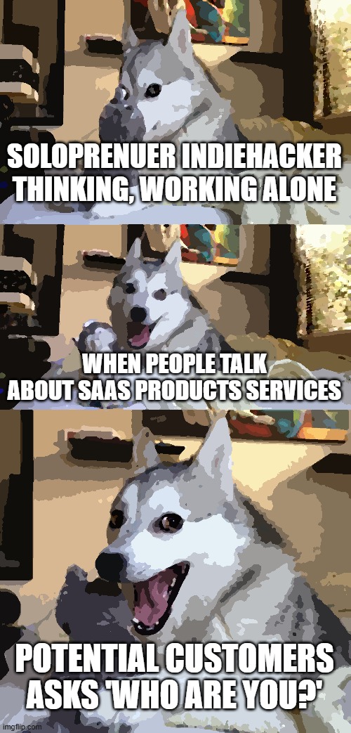 Solopreneur Indiehackers living | SOLOPRENUER INDIEHACKER THINKING, WORKING ALONE; WHEN PEOPLE TALK ABOUT SAAS PRODUCTS SERVICES; POTENTIAL CUSTOMERS ASKS 'WHO ARE YOU?' | image tagged in memes,bad pun dog | made w/ Imgflip meme maker