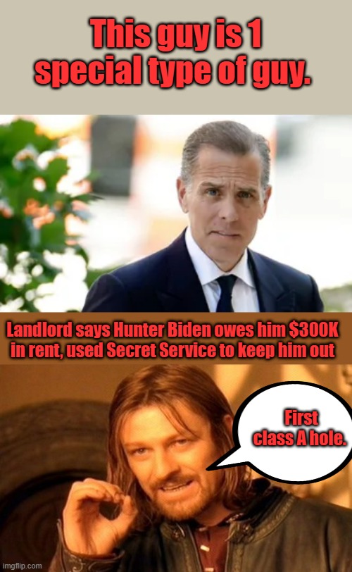 I wonder if JOE pardonded him of missuse of the SS,to orotect  a squatter from eviction. | This guy is 1 special type of guy. Landlord says Hunter Biden owes him $300K in rent, used Secret Service to keep him out; First class A hole. | image tagged in memes,one does not simply | made w/ Imgflip meme maker